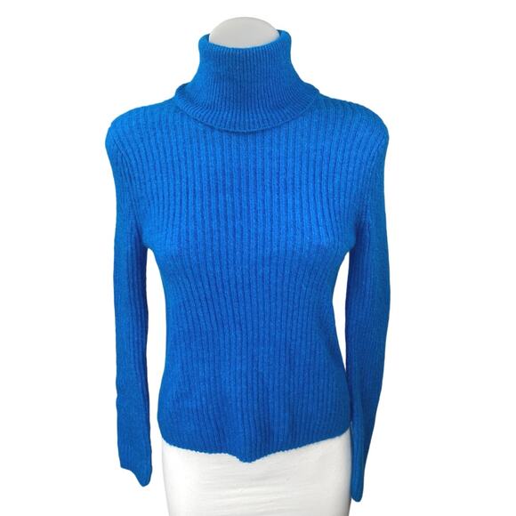 MNG Mango Women's Blue Ribbed Knit Long Sleeve Turtleneck Sweater Top Size XS - Picture 1 of 3